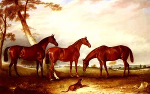 Marvel, KingFisher And The Lad, Three Hunters Belonging To William Angerstein, In A Field With His Dog Spring painting by John Ferneley Snr.