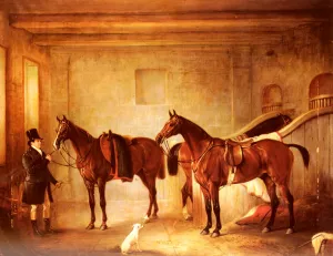 Sir John Thorold's Bay Hunters With Their Groom In A Stable