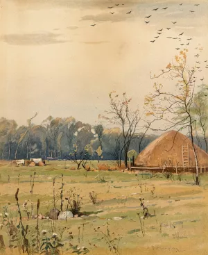 Autumn landscape with large haystack by John Francis Murphy Oil Painting