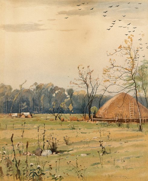 Main Product Photo of Autumn landscape with large haystack  Painting by John Francis Murphy