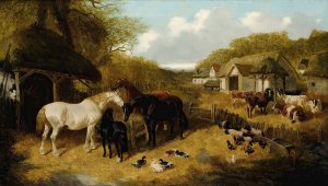 Cattle, Pigs, Ducks, Chickens And Horses In A Farmyard by John Frederick Herring Jr. Oil Painting