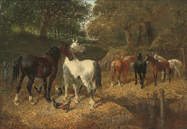 Hens and horses by a stream by John Frederick Herring Jr. - Hand-Painted Oil Painting Reproduction