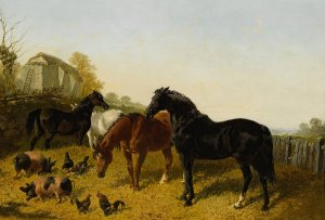 Horses And Chickens Oil painting by John Frederick Herring Jr.