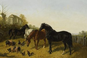 Horses And Chickens Oil painting by John Frederick Herring Jr.