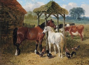 Horses, cows and chickens in a farmyard by John Frederick Herring Jr. Oil Painting