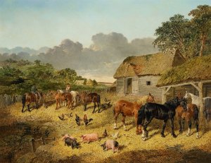 Horses Drinking from a Water Trough with Pigs and Chickens in a Farmyard Oil painting by John Frederick Herring Jr.