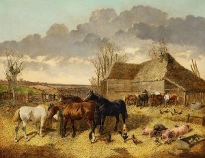 Horses Eating from a Manger with Pigs and Chickens in a Farmyard by John Frederick Herring Jr. Oil Painting