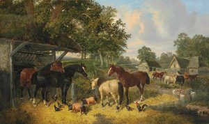 Horses, Pigs and Chickens in a Farmyard by John Frederick Herring Jr. Oil Painting