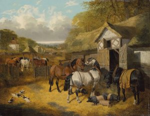 Horses, pigs and ducks in a farmyard by John Frederick Herring Jr. Oil Painting