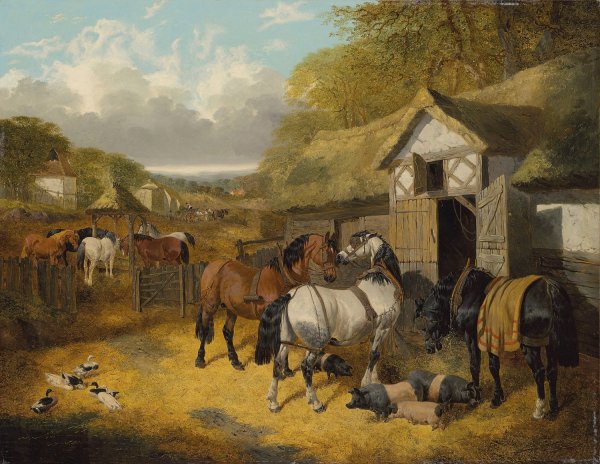 Horses, pigs and ducks in a farmyard  by John Frederick Herring Jr. - Hand-Painted Oil Painting Reproduction