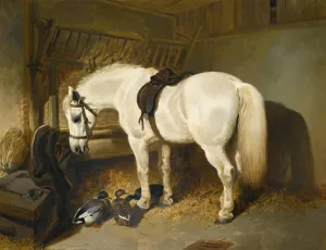 A Grey Pony In A Stable With Ducks by John Frederick Herring Snr. Oil Painting
