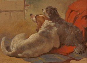 A Hound and a Bearded Collie seated on a Hunting Coat by John Frederick Herring Snr. Oil Painting
