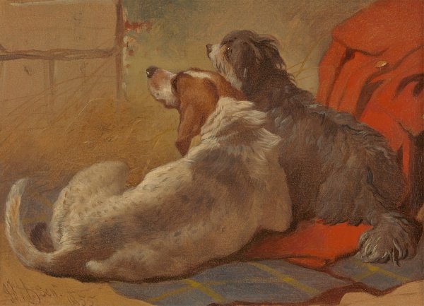 A Hound and a Bearded Collie seated on a Hunting Coat  by John Frederick Herring Snr. - Hand-Painted Oil Painting Reproduction