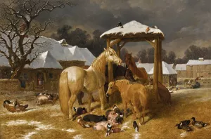 A Winter Feed by John Frederick Herring Snr. Oil Painting