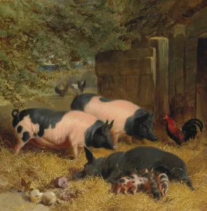Berkshire Saddlebacks and Chickens in a Straw-bedded Yard Oil painting by John Frederick Herring Snr.