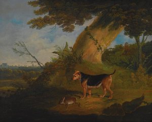Black and tan terrier with a retrieved rabbit by John Frederick Herring Snr. Oil Painting