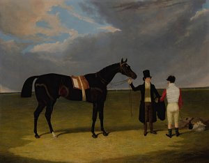 Mr. Wagstaff's The Saddler with Jockey and Trainer at Doncaster by John Frederick Herring Snr. Oil Painting