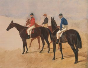 Steeplechase cracks; Allen McDonough on Brunette, Tom Oliver on Discount, and Jem Mason on Lottery by John Frederick Herring Snr. Oil Painting