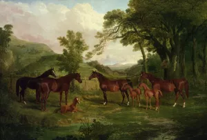 Streatlam Stud, Mares and Foals by John Frederick Herring Sr Oil Painting