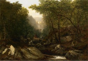 Waterfall in the Woods with Indians by John Frederick Kensett Oil Painting