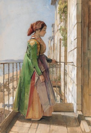 A Greek Girl Standing on a Balcony 1840 by John Frederick Lewis Oil Painting