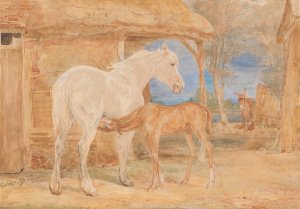 Gray Mare and a Chestnut Foal by John Frederick Lewis Oil Painting