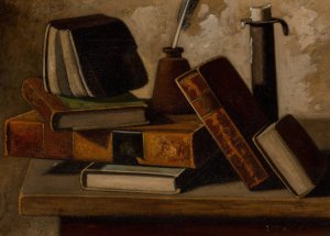 Still Life with Books, Inkpot, and Candlestick by John Frederick Peto Oil Painting
