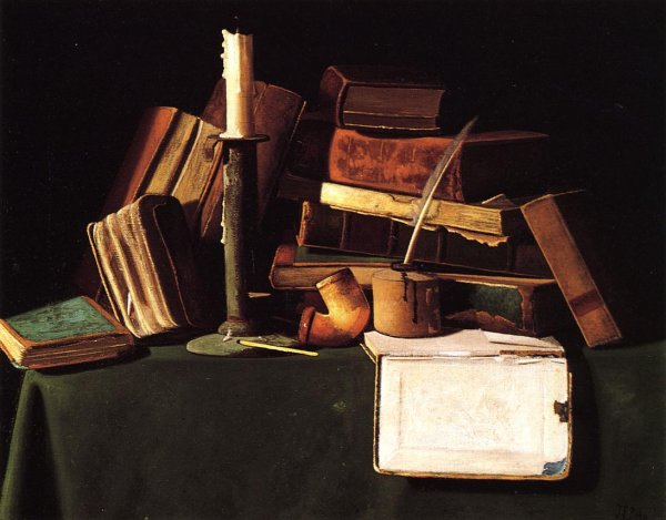 Main Product Photo of Still Life with Candle, Pipe and Books Painting by John Frederick Peto