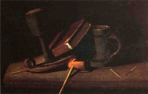 Still Life with Lamp, Pipe, Matches, Book and Mug by John Frederick Peto Oil Painting