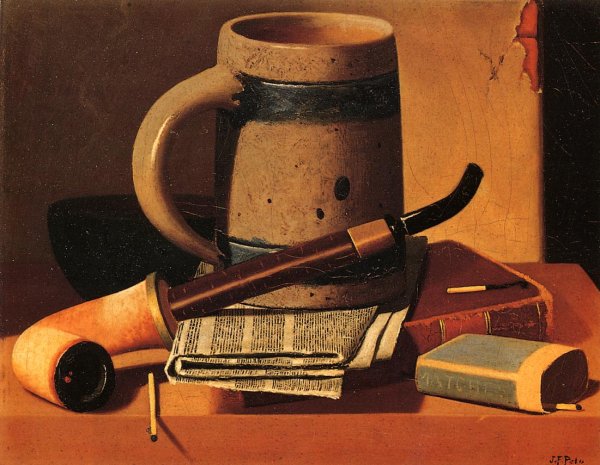 Main Product Photo of Still Life with Pipe, Beer Stein, Newspaper, Book and Matches Painting by John Frederick Peto