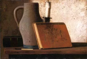Still Life with Pitcher, Candlestick, Books and Match by John Frederick Peto - Oil Painting Reproduction