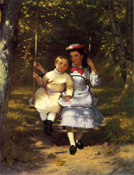Two Girls on a Swing by John George Brown - Hand-Painted Oil Painting Reproduction