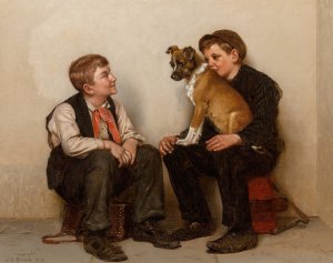 Two Shoeshine Boys with a Dog by John George Brown Oil Painting
