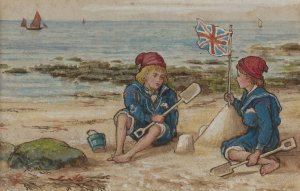Two children on a beach by John George Sowerby Oil Painting