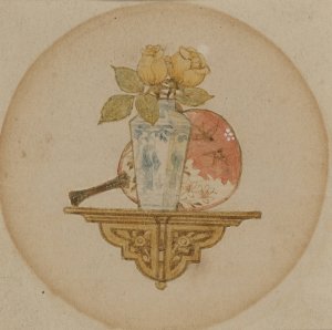 Vignette of fan and vase on a shelf by John George Sowerby Oil Painting