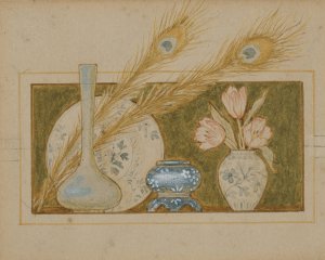Vignette of two peacock feathers and china by John George Sowerby Oil Painting