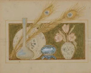 Vignette of two peacock feathers and china by John George Sowerby Oil Painting