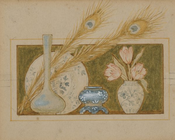 Vignette of two peacock feathers and china by John George Sowerby - Hand-Painted Oil Painting Reproduction