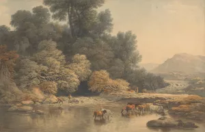 Hilly Landscape with River and Cattle by John Glover Oil Painting