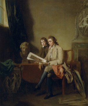 Portrait Of A Man And A Boy Looking At Prints by John Hamilton Mortimer Oil Painting