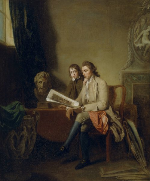 Main Product Photo of Portrait Of A Man And A Boy Looking At Prints  Painting by John Hamilton Mortimer
