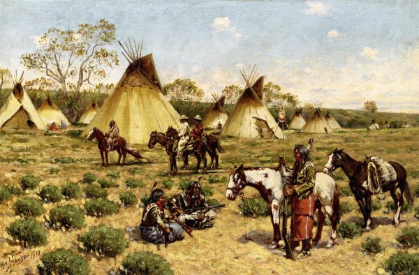 Sioux Encampment, Porcupine by John Hauser - Hand-Painted Oil Painting Reproduction