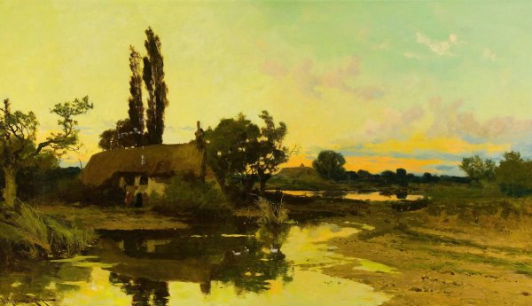 Cottage Near Pond by John Horace Hooper - Hand-Painted Oil Painting Reproduction
