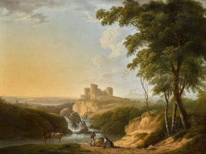 An extensive landscape with a view of Chepstow Castle on a hill beyond by John Inigo Richards Oil Painting