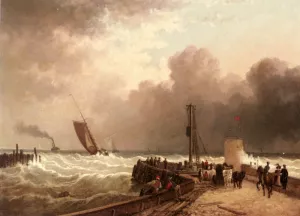 Shipping Approaching The Harbour Mouth In A Rough Sea by John Jock Wilson - Oil Painting Reproduction