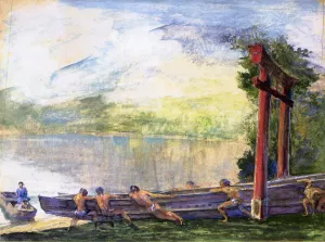 A Torii on Shore of Lake Chusenji, Japan. Fishermen Pushing Out Their Boat painting by John La Farge