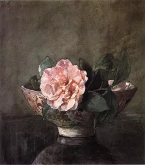 Camellia in Old Chinese Vase on Black Lacquer Table by John La Farge Oil Painting