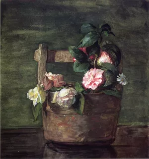 Camellias and Roses in Japanese Vase of Earthenware with Crackle by John La Farge - Oil Painting Reproduction