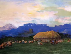 Evening Prayer in Devil Country, Fiji, Ngalawana, July 5, 1891 by John La Farge Oil Painting