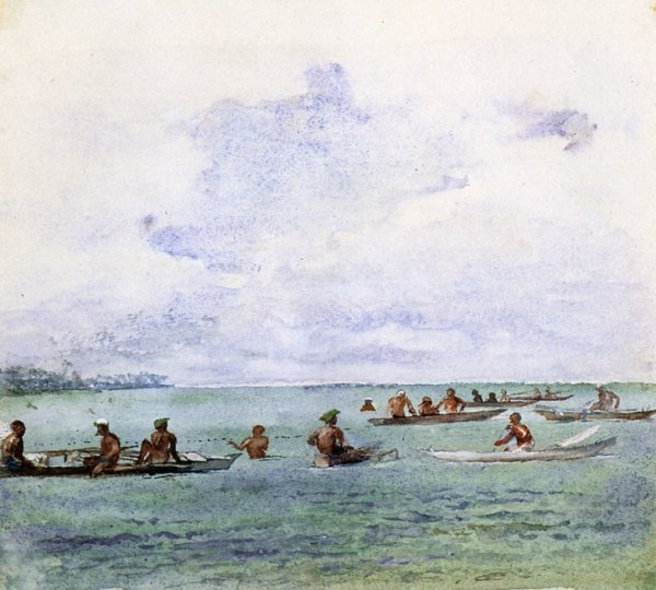 Fishing Party in Canoes, Samoa by John La Farge - Hand-Painted Oil Painting Reproduction